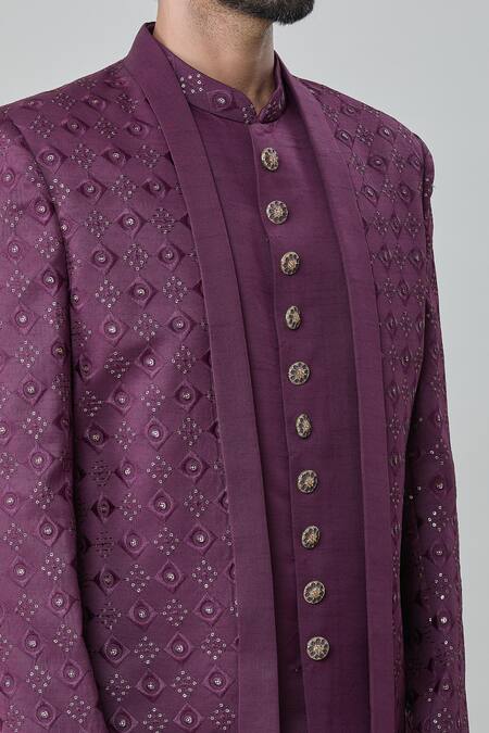 Arihant Rai Sinha_Wine Satin, Silk Embroidery Geometric Butti Short Sherwani Jacket Pant Set _at_Aza_Fashions