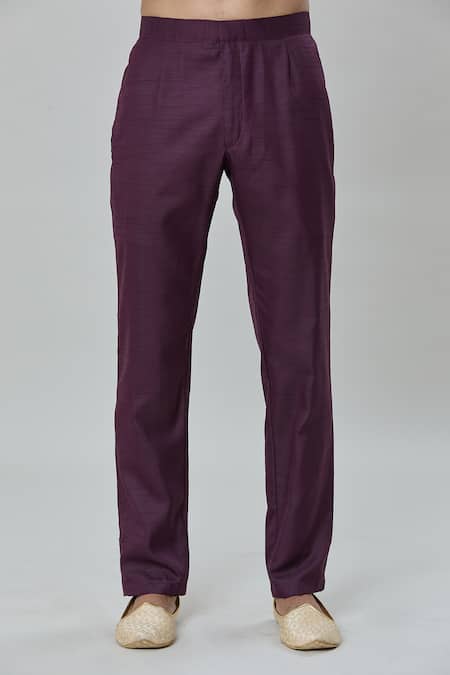 Buy_Arihant Rai Sinha_Wine Satin, Silk Embroidery Geometric Butti Short Sherwani Jacket Pant Set 