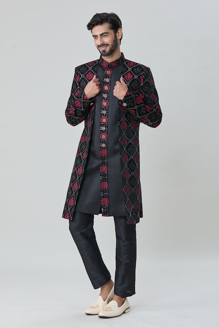 Arihant Rai Sinha Black Velvet Silk Embroidery Floral Mandala Flower Sherwani With Pant 