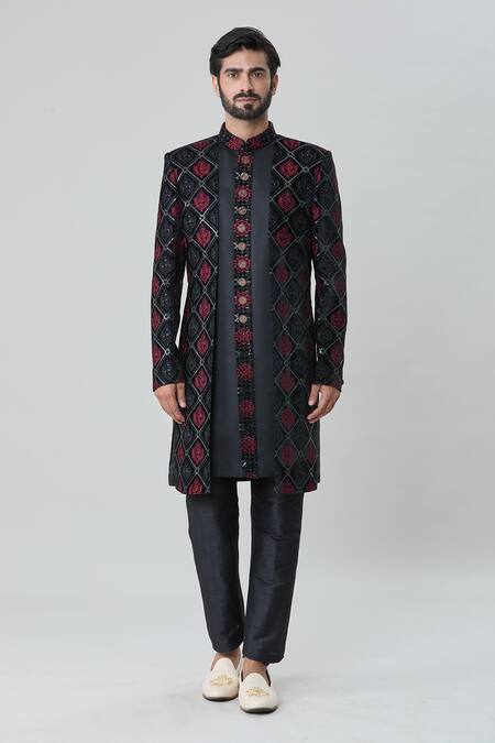 Arihant Rai Sinha Black Velvet, Silk Embroidery Flower Mandala Sherwani With Pant Online at Aza Fashions Arihant Rai Sinha_Black Velvet, Silk Embroidery Flower Mandala Sherwani With Pant _Online_at_Aza_Fashions