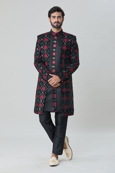 Buy Arihant Rai Sinha Black Velvet, Silk Embroidery Flower Mandala Sherwani With Pant Online at Aza Fashions Buy_Arihant Rai Sinha_Black Velvet, Silk Embroidery Flower Mandala Sherwani With Pant _Online_at_Aza_Fashions