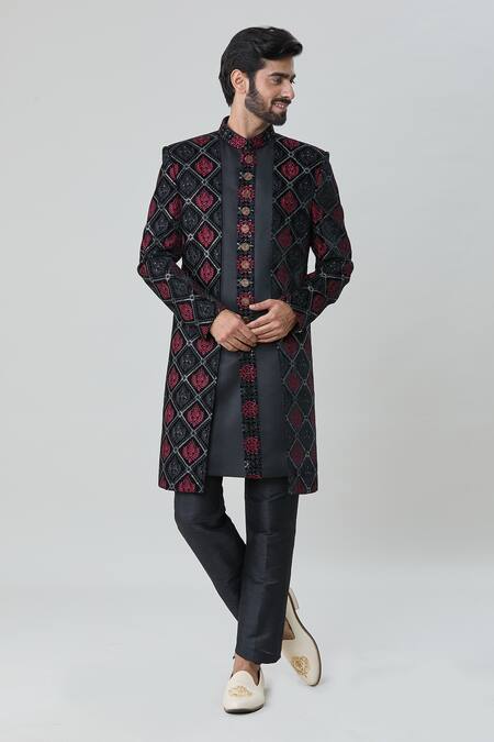 Shop Arihant Rai Sinha Black Velvet, Silk Embroidery Flower Mandala Sherwani With Pant Online at Aza Fashions Shop_Arihant Rai Sinha_Black Velvet, Silk Embroidery Flower Mandala Sherwani With Pant _Online_at_Aza_Fashions