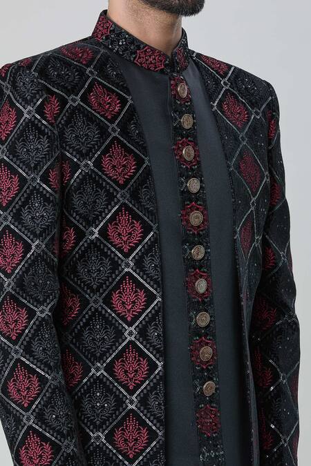 Arihant Rai Sinha Black Velvet, Silk Embroidery Flower Mandala Sherwani With Pant at Aza Fashions Arihant Rai Sinha_Black Velvet, Silk Embroidery Flower Mandala Sherwani With Pant _at_Aza_Fashions