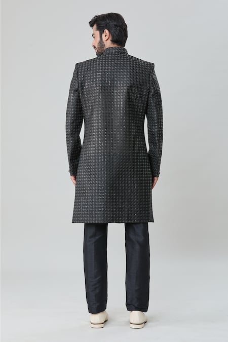 Shop Arihant Rai Sinha Black Silk Sequins Miniature Butti Embroidered Sherwani With Pant at Aza Fashions Shop_Arihant Rai Sinha_Black Silk Sequins Miniature Butti Embroidered Sherwani With Pant _at_Aza_Fashions