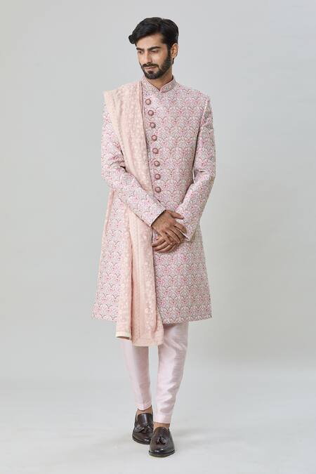 Arihant Rai Sinha Pink Art Silk Embroidery Floral Flower Vine Sherwani Churidar Set