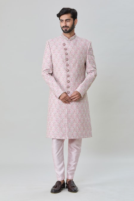 Arihant Rai Sinha Pink Silk Embroidery Flower Vine Sherwani With Churidar