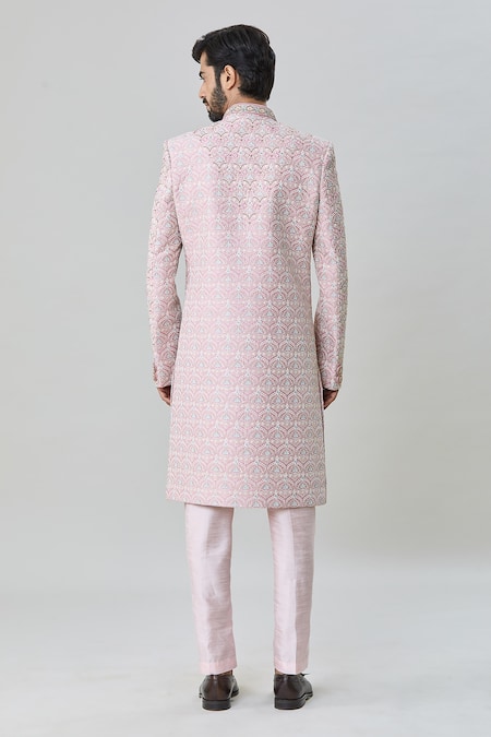 Shop Arihant Rai Sinha Pink Silk Embroidery Flower Vine Sherwani With Churidar at Aza Fashions Shop_Arihant Rai Sinha_Pink Silk Embroidery Flower Vine Sherwani With Churidar _at_Aza_Fashions