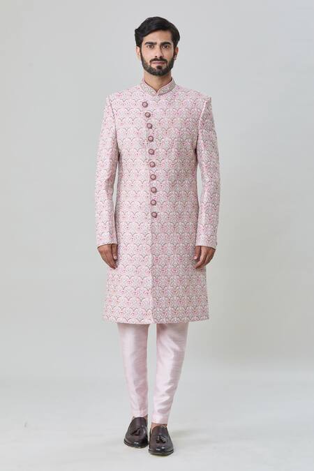 Arihant Rai Sinha Pink Silk Embroidery Flower Vine Sherwani With Churidar Online at Aza Fashions Arihant Rai Sinha_Pink Silk Embroidery Flower Vine Sherwani With Churidar _Online_at_Aza_Fashions