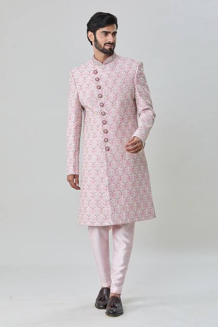 Buy Arihant Rai Sinha Pink Silk Embroidery Flower Vine Sherwani With Churidar Online at Aza Fashions Buy_Arihant Rai Sinha_Pink Silk Embroidery Flower Vine Sherwani With Churidar _Online_at_Aza_Fashions