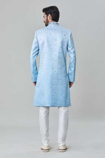 Shop Arihant Rai Sinha Blue Silk, Cotton Embroidery Floral Tile Sherwani With Churidar at Aza Fashions Shop_Arihant Rai Sinha_Blue Silk, Cotton Embroidery Floral Tile Sherwani With Churidar _at_Aza_Fashions