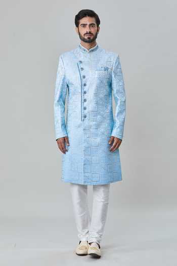 Arihant Rai Sinha Blue Silk, Cotton Embroidery Floral Tile Sherwani With Churidar Online at Aza Fashions Arihant Rai Sinha_Blue Silk, Cotton Embroidery Floral Tile Sherwani With Churidar _Online_at_Aza_Fashions