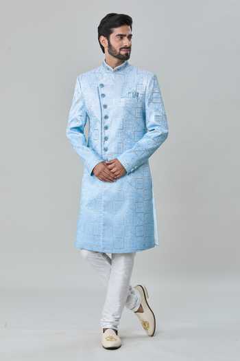 Buy Arihant Rai Sinha Blue Silk, Cotton Embroidery Floral Tile Sherwani With Churidar Online at Aza Fashions Buy_Arihant Rai Sinha_Blue Silk, Cotton Embroidery Floral Tile Sherwani With Churidar _Online_at_Aza_Fashions