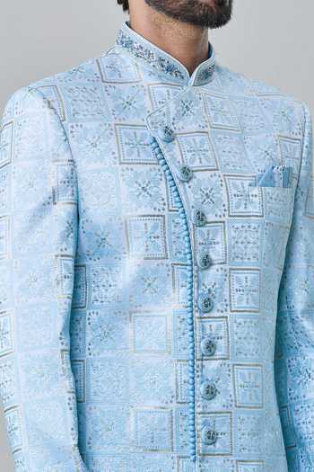 Shop Arihant Rai Sinha Blue Silk, Cotton Embroidery Floral Tile Sherwani With Churidar Online at Aza Fashions Shop_Arihant Rai Sinha_Blue Silk, Cotton Embroidery Floral Tile Sherwani With Churidar _Online_at_Aza_Fashions