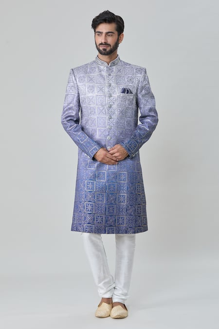 Arihant Rai Sinha Blue Art Silk Embroidery Floral Flower Tile Sherwani With Churidar 