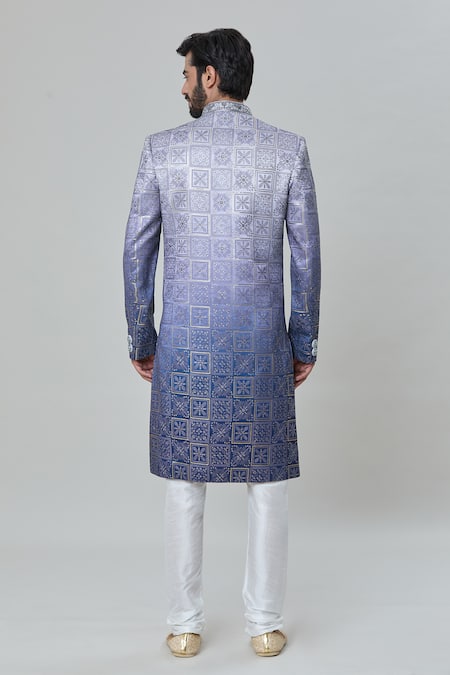 Shop Arihant Rai Sinha Blue Silk, Faux Leather, Cotton Embroidery Flower Tile Sherwani With Churidar at Aza Fashions Shop_Arihant Rai Sinha_Blue Silk, Faux Leather, Cotton Embroidery Flower Tile Sherwani With Churidar _at_Aza_Fashions