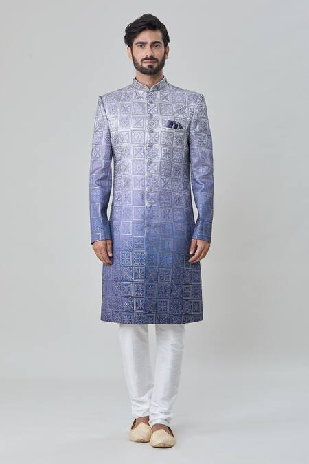 Arihant Rai Sinha Blue Silk, Faux Leather, Cotton Embroidery Flower Tile Sherwani With Churidar Online at Aza Fashions Arihant Rai Sinha_Blue Silk, Faux Leather, Cotton Embroidery Flower Tile Sherwani With Churidar _Online_at_Aza_Fashions