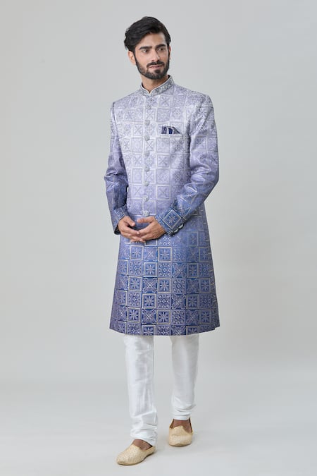Buy Arihant Rai Sinha Blue Silk, Faux Leather, Cotton Embroidery Flower Tile Sherwani With Churidar Online at Aza Fashions Buy_Arihant Rai Sinha_Blue Silk, Faux Leather, Cotton Embroidery Flower Tile Sherwani With Churidar _Online_at_Aza_Fashions