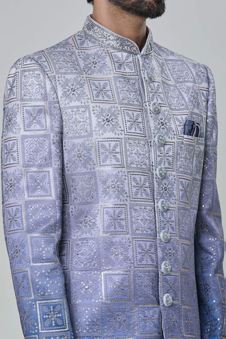 Shop Arihant Rai Sinha Blue Silk, Faux Leather, Cotton Embroidery Flower Tile Sherwani With Churidar Online at Aza Fashions Shop_Arihant Rai Sinha_Blue Silk, Faux Leather, Cotton Embroidery Flower Tile Sherwani With Churidar _Online_at_Aza_Fashions