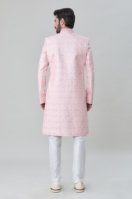 Shop Arihant Rai Sinha Pink Silk, Cotton Embroidery Tonal Sherwani With Churidar at Aza Fashions Shop_Arihant Rai Sinha_Pink Silk, Cotton Embroidery Tonal Sherwani With Churidar _at_Aza_Fashions