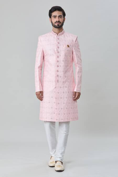 Arihant Rai Sinha Pink Silk, Cotton Embroidery Tonal Sherwani With Churidar Online at Aza Fashions Arihant Rai Sinha_Pink Silk, Cotton Embroidery Tonal Sherwani With Churidar _Online_at_Aza_Fashions