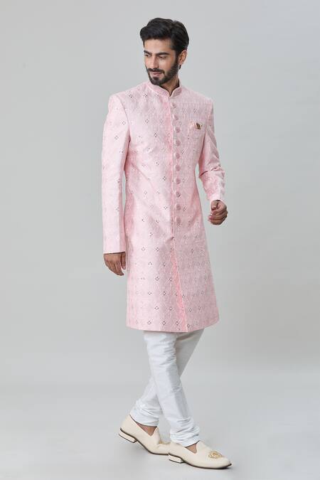 Buy Arihant Rai Sinha Pink Silk, Cotton Embroidery Tonal Sherwani With Churidar Online at Aza Fashions Buy_Arihant Rai Sinha_Pink Silk, Cotton Embroidery Tonal Sherwani With Churidar _Online_at_Aza_Fashions