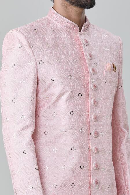 Shop Arihant Rai Sinha Pink Silk, Cotton Embroidery Tonal Sherwani With Churidar Online at Aza Fashions Shop_Arihant Rai Sinha_Pink Silk, Cotton Embroidery Tonal Sherwani With Churidar _Online_at_Aza_Fashions