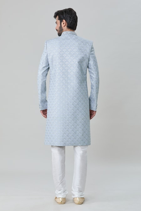 Arihant Rai Sinha_Blue Silk, Faux Leather, Cotton Scallop Embroidered Sherwani With Churidar _Online_at_Aza_Fashions