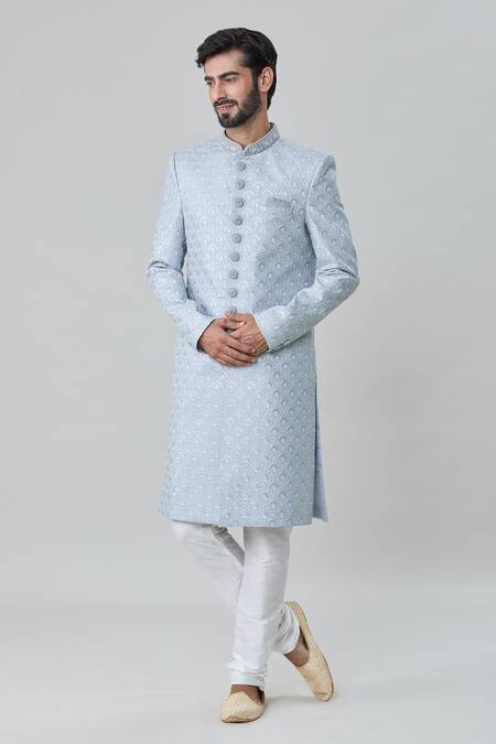 Buy_Arihant Rai Sinha_Blue Silk, Faux Leather, Cotton Scallop Embroidered Sherwani With Churidar _Online_at_Aza_Fashions