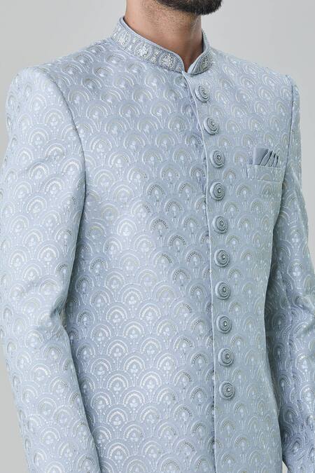 Shop_Arihant Rai Sinha_Blue Silk, Faux Leather, Cotton Scallop Embroidered Sherwani With Churidar _Online_at_Aza_Fashions