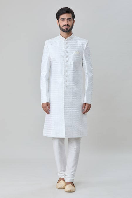 Arihant Rai Sinha_Off White Silk, Cotton Embroidery Miniature Shell Sherwani With Churidar _Online_at_Aza_Fashions