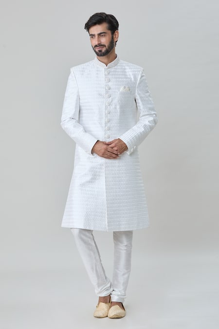 Buy_Arihant Rai Sinha_Off White Silk, Cotton Embroidery Miniature Shell Sherwani With Churidar _Online_at_Aza_Fashions
