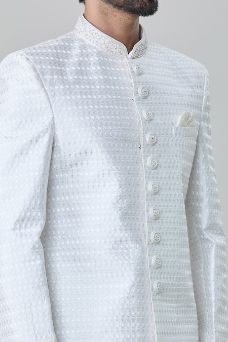 Shop_Arihant Rai Sinha_Off White Silk, Cotton Embroidery Miniature Shell Sherwani With Churidar _Online_at_Aza_Fashions