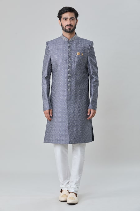 Buy_Arihant Rai Sinha_Grey Silk, Faux Leather, Cotton Circular Embroidered Sherwani With Churidar _Online_at_Aza_Fashions