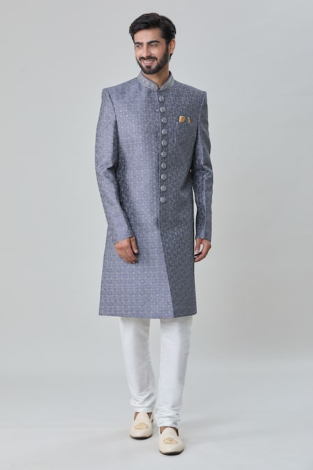 Shop_Arihant Rai Sinha_Grey Silk, Faux Leather, Cotton Circular Embroidered Sherwani With Churidar _Online_at_Aza_Fashions