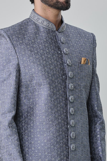 Arihant Rai Sinha_Grey Silk, Faux Leather, Cotton Circular Embroidered Sherwani With Churidar _at_Aza_Fashions
