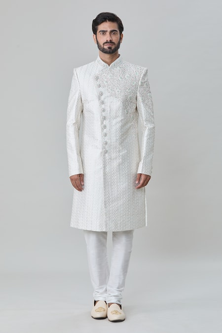 Buy Arihant Rai Sinha Off White Silk Sequins Flower Artwork Embroidered Sherwani With Churidar Online at Aza Fashions Buy_Arihant Rai Sinha_Off White Silk Sequins Flower Artwork Embroidered Sherwani With Churidar _Online_at_Aza_Fashions