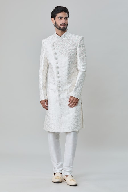 Shop Arihant Rai Sinha Off White Silk Sequins Flower Artwork Embroidered Sherwani With Churidar Online at Aza Fashions Shop_Arihant Rai Sinha_Off White Silk Sequins Flower Artwork Embroidered Sherwani With Churidar _Online_at_Aza_Fashions
