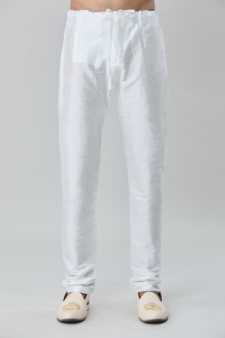 Arihant Rai Sinha_Blue Silk, Faux Leather, Cotton Embroidery, Floret Sherwani With Churidar _Online_at_Aza_Fashions