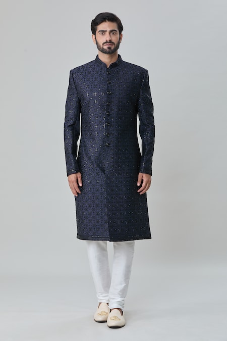 Buy_Arihant Rai Sinha_Blue Silk, Faux Leather, Cotton Embroidery, Floret Sherwani With Churidar _Online_at_Aza_Fashions