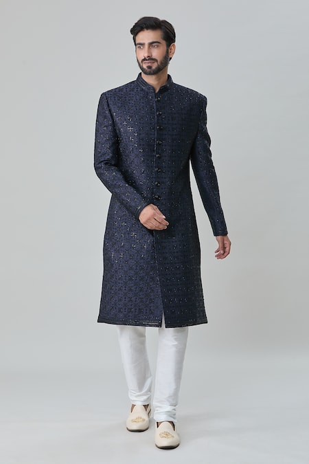 Shop_Arihant Rai Sinha_Blue Silk, Faux Leather, Cotton Embroidery, Floret Sherwani With Churidar _Online_at_Aza_Fashions