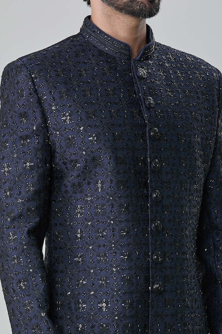 Arihant Rai Sinha_Blue Silk, Faux Leather, Cotton Embroidery, Floret Sherwani With Churidar _at_Aza_Fashions