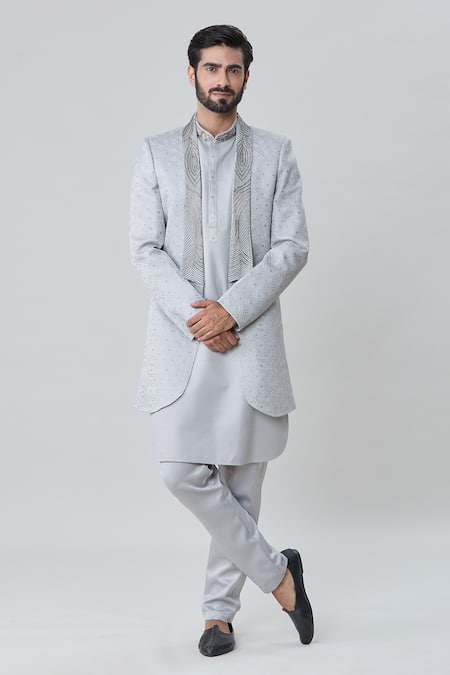 Arihant Rai Sinha Tonal Embroidered Short Sherwani Jacket Pant Set 