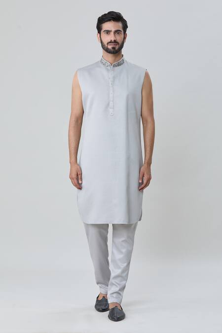 Arihant Rai Sinha Grey Silk, Faux Leather Embroidery Tonal Short Sherwani Jacket Pant Set Online at Aza Fashions Arihant Rai Sinha_Grey Silk, Faux Leather Embroidery Tonal Short Sherwani Jacket Pant Set _Online_at_Aza_Fashions