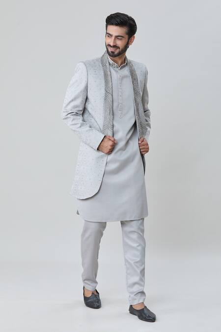 Buy Arihant Rai Sinha Grey Silk, Faux Leather Embroidery Tonal Short Sherwani Jacket Pant Set Online at Aza Fashions Buy_Arihant Rai Sinha_Grey Silk, Faux Leather Embroidery Tonal Short Sherwani Jacket Pant Set _Online_at_Aza_Fashions