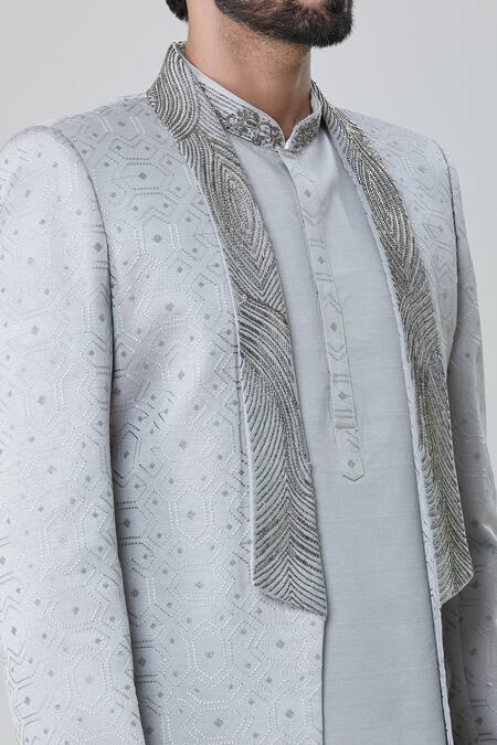 Shop Arihant Rai Sinha Grey Silk, Faux Leather Embroidery Tonal Short Sherwani Jacket Pant Set Online at Aza Fashions Shop_Arihant Rai Sinha_Grey Silk, Faux Leather Embroidery Tonal Short Sherwani Jacket Pant Set _Online_at_Aza_Fashions