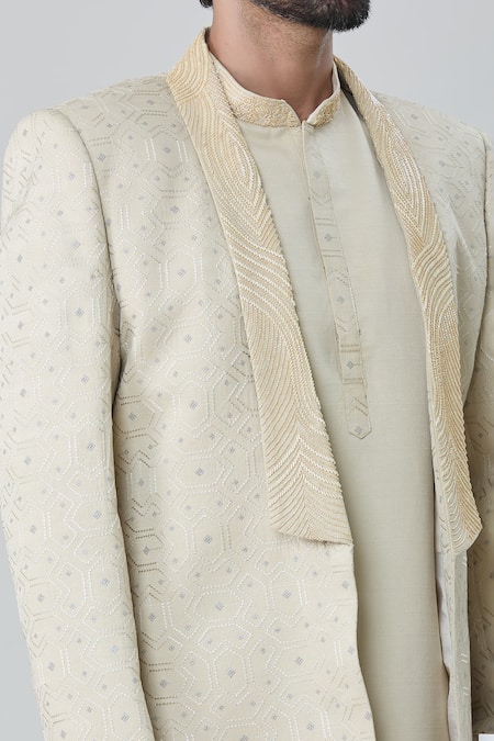 Buy_Arihant Rai Sinha_Green Silk, Satin, Faux Leather Embroidery Tonal Sherwani Jacket Pant Set _Online_at_Aza_Fashions