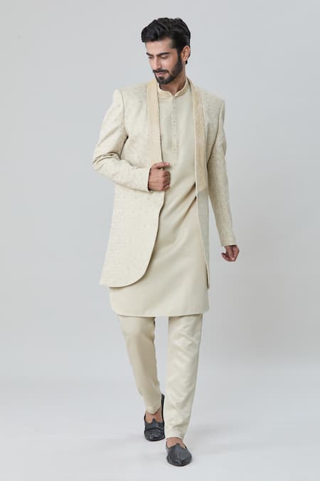Shop_Arihant Rai Sinha_Green Silk, Satin, Faux Leather Embroidery Tonal Sherwani Jacket Pant Set _Online_at_Aza_Fashions