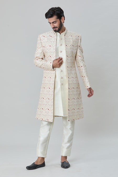 Buy Arihant Rai Sinha Cream Silk Embroidery Flower Vine Tile Sherwani Pant Set Online at Aza Fashions Buy_Arihant Rai Sinha_Cream Silk Embroidery Flower Vine Tile Sherwani Pant Set _Online_at_Aza_Fashions
