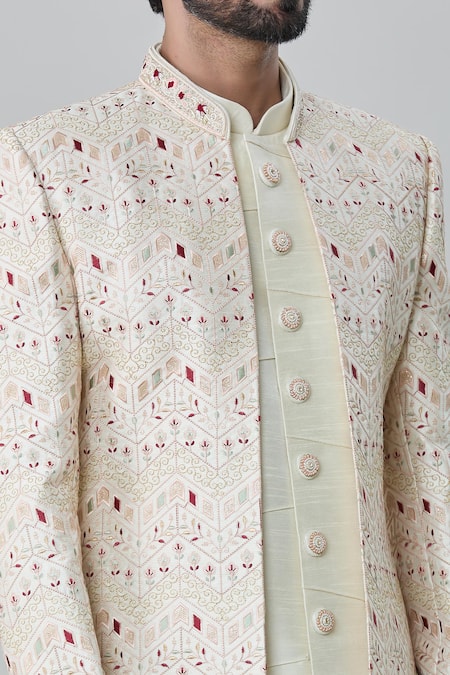 Shop Arihant Rai Sinha Cream Silk Embroidery Flower Vine Tile Sherwani Pant Set Online at Aza Fashions Shop_Arihant Rai Sinha_Cream Silk Embroidery Flower Vine Tile Sherwani Pant Set _Online_at_Aza_Fashions