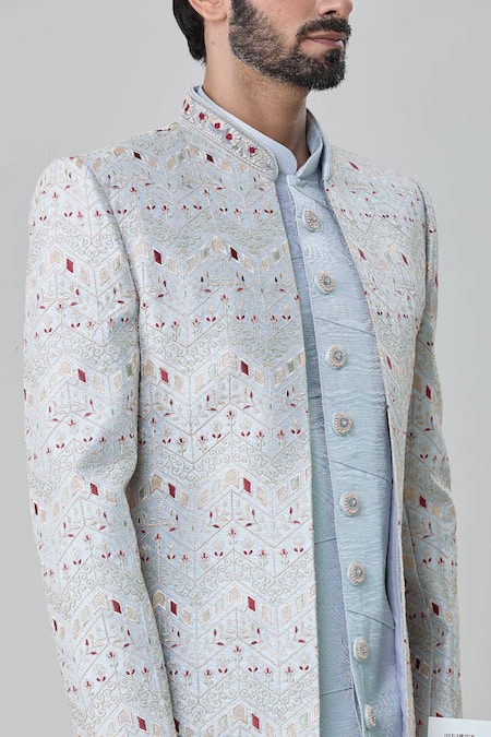 Buy_Arihant Rai Sinha_Blue Silk Embroidery Floral Vine Tile Sherwani Pant Set _Online_at_Aza_Fashions